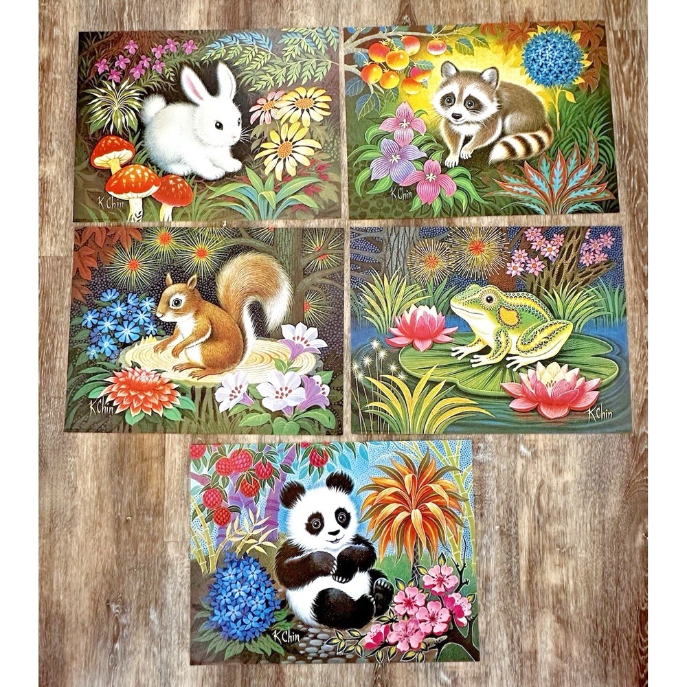 K Chin Litho In USA Artwork 1972 Brightly COlored Animals Set 5 9x12